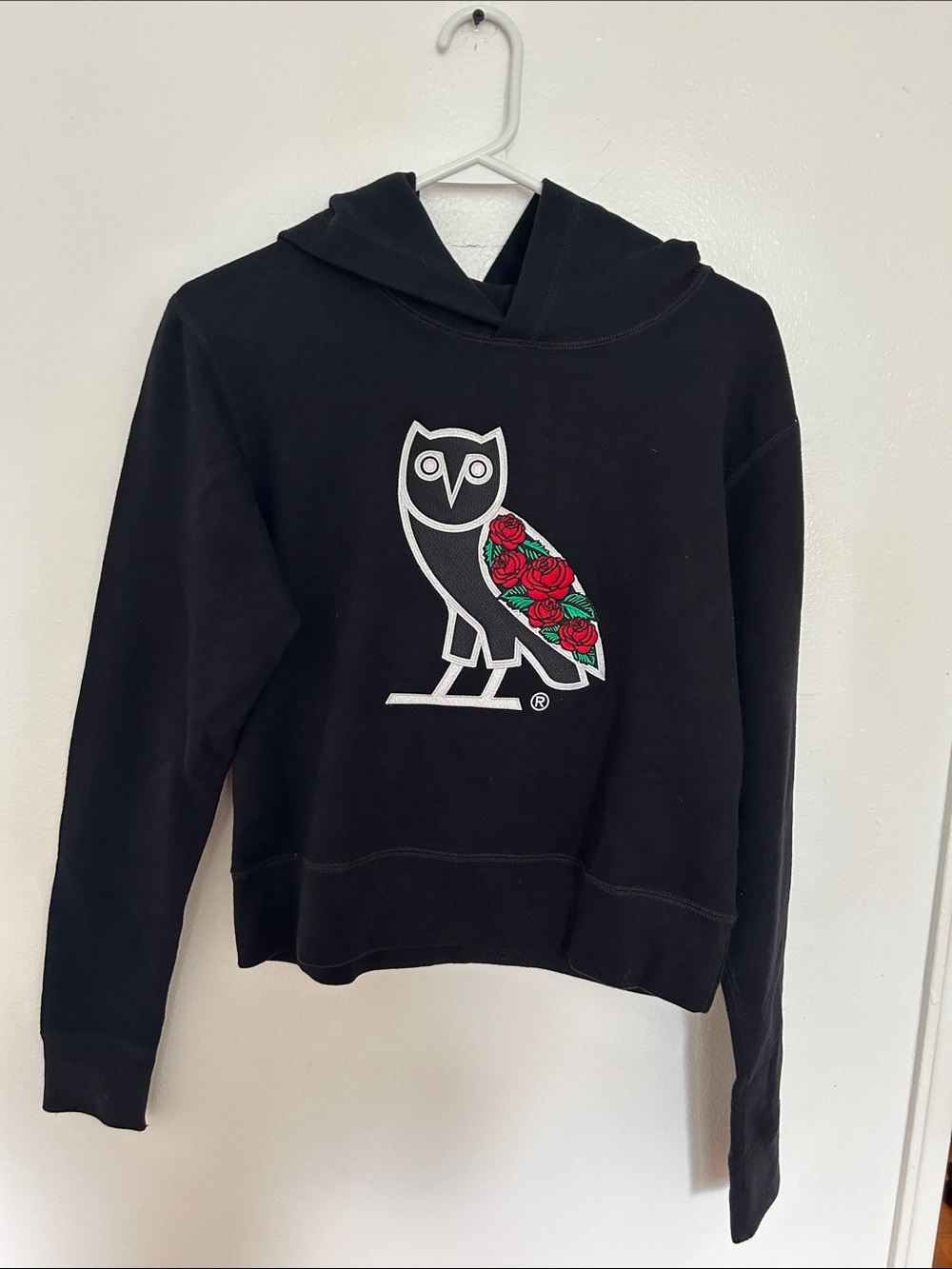 Discontinued OVO Hoodie Sweater with Sandra Rose-Accent Owl Graphic